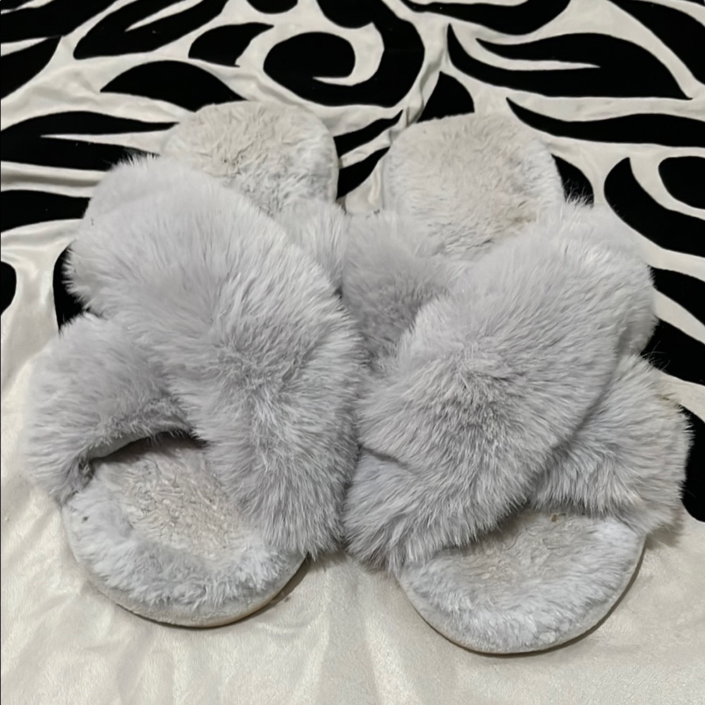 Gray Plush Open Toe Slippers
